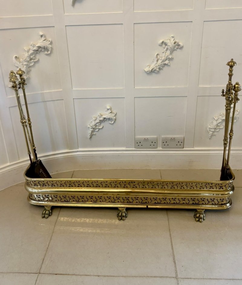 Unusual and Rare Quality Antique Regency Brass Fender with Original Fire Irons